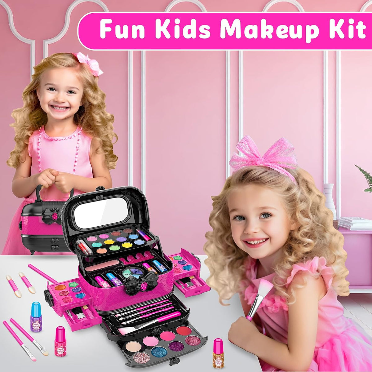 59 Pcs Kids Makeup Toys Kit for Girl, Non-Toxic Real Washable Pretend Set