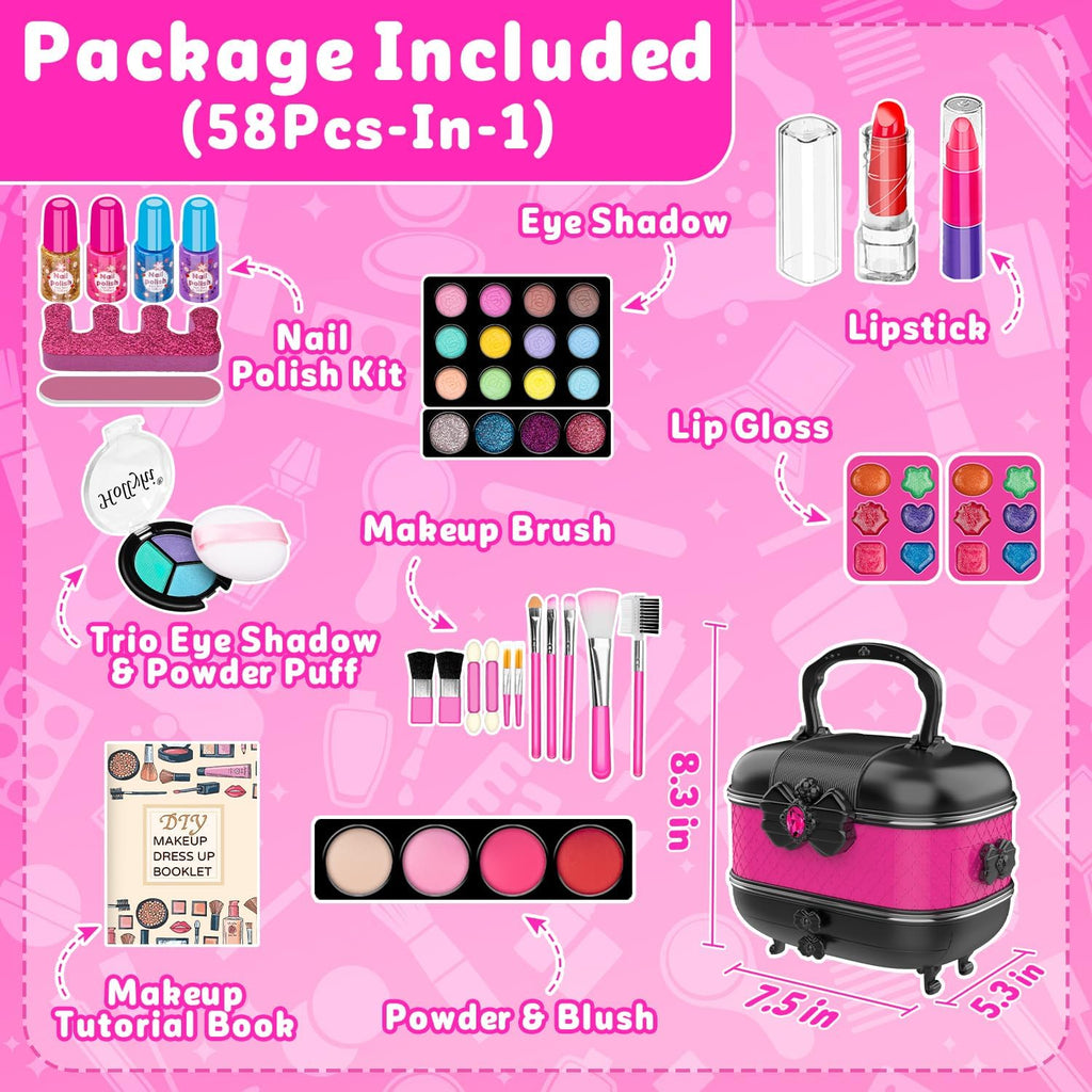 59 Pcs Kids Makeup Toys Kit for Girl, Non-Toxic Real Washable Pretend Set