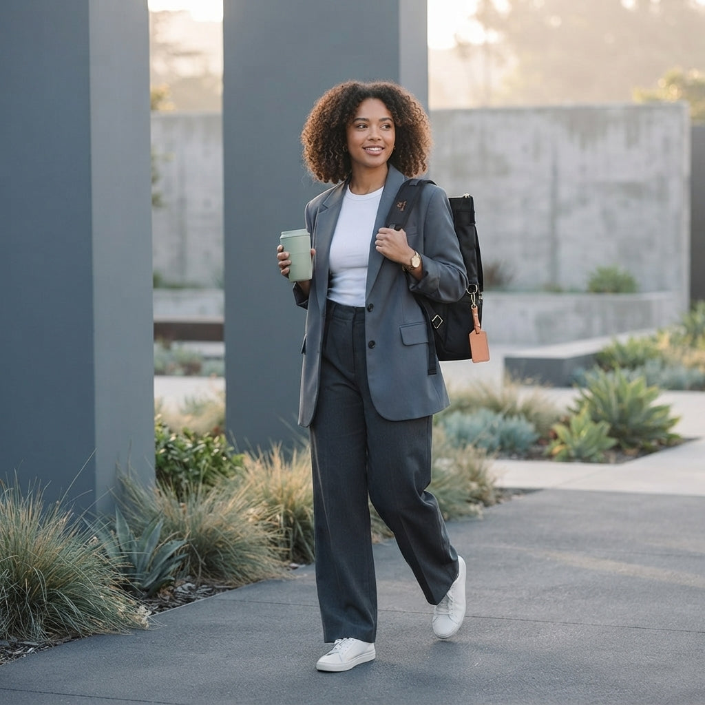 A woman walking in an urban park wearing a versatile black convertible backpack purse.
