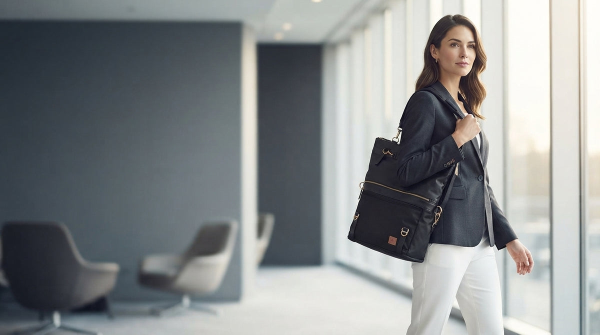 A woman carrying a black convertible backpack in a sunlit, modern lounge with a clean, uncluttered background.