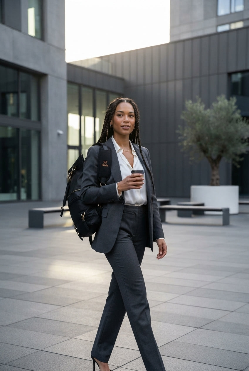 A diverse woman walking through an urban plaza carrying a versatile black convertible backpack purse.